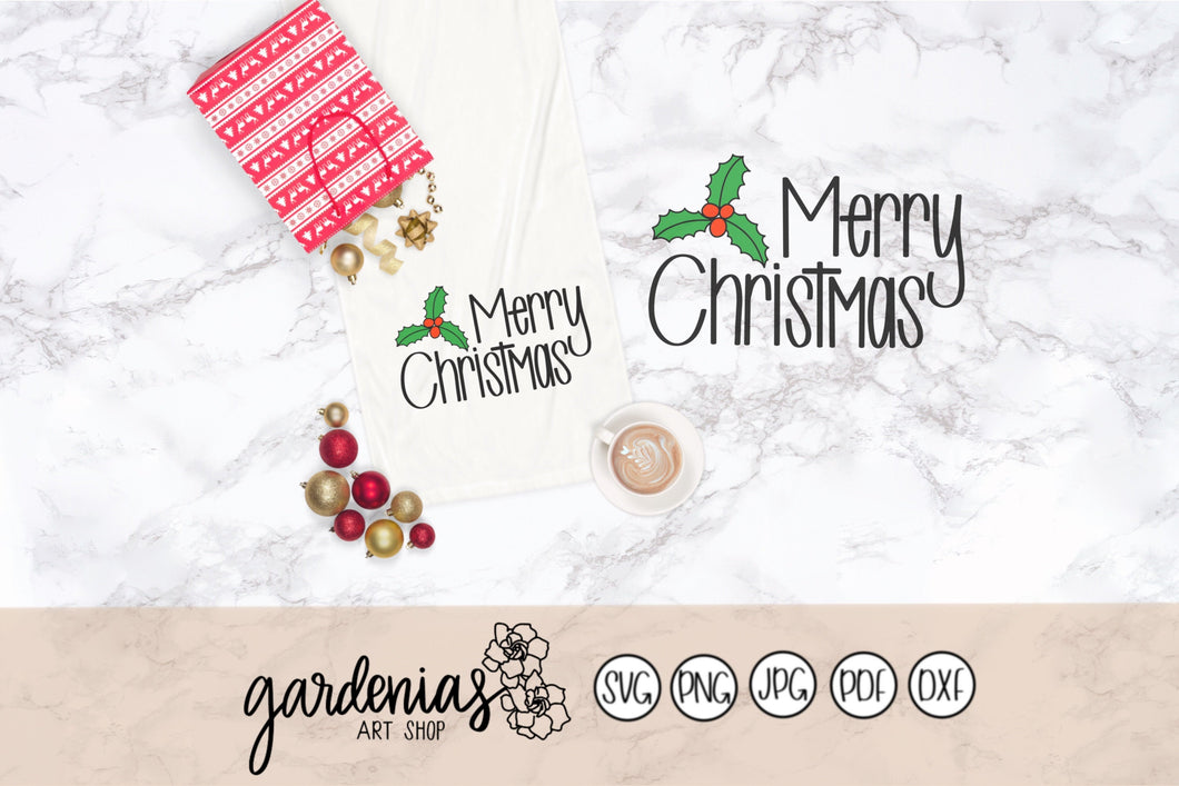 Merry Christmas with Holly SVG Cut File