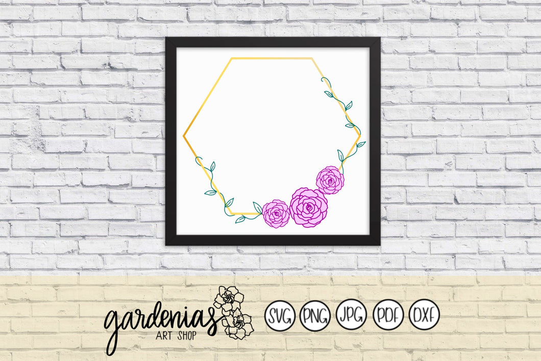 Hexagon Frame with Flowers SVG Cut File